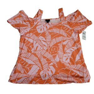 JM Collection Blouse Womens Size 0X Orange Cold Shoulder Tropical Print New